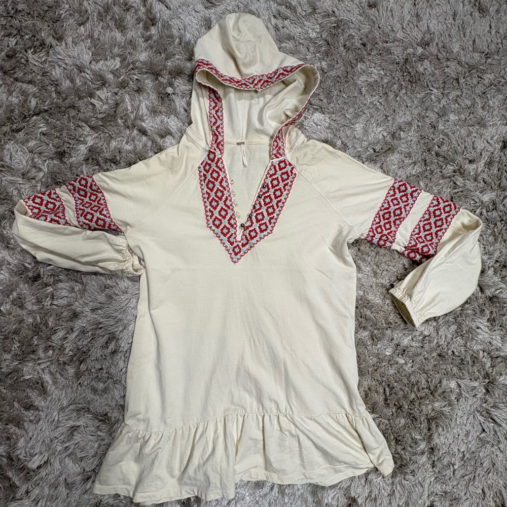 Free People | Cream Hooded Tunic with Red Embroidered Trim| Size L